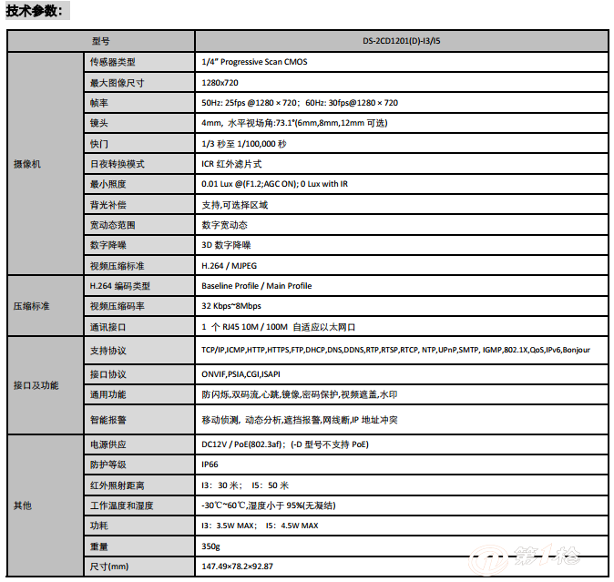 监控摄像机/摄像头 海康威视ds-2cd1201-i3监控摄像机  防闪烁,双码流