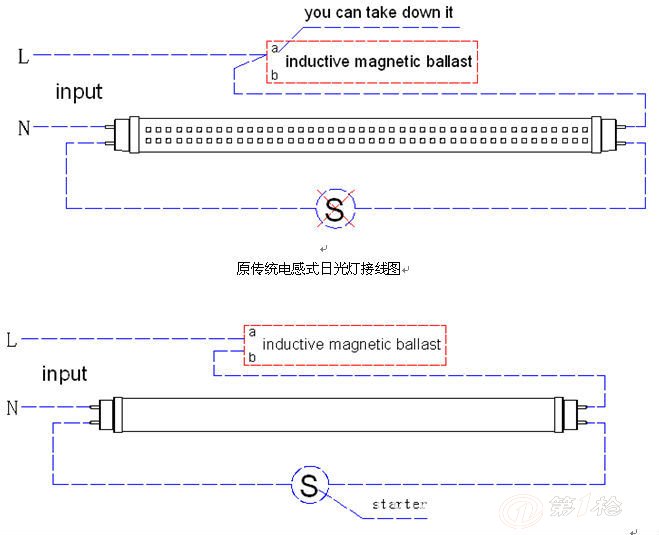 整流器启辉器和灯管的接线图 如下图所示,把荧光灯管启辉器更换成led