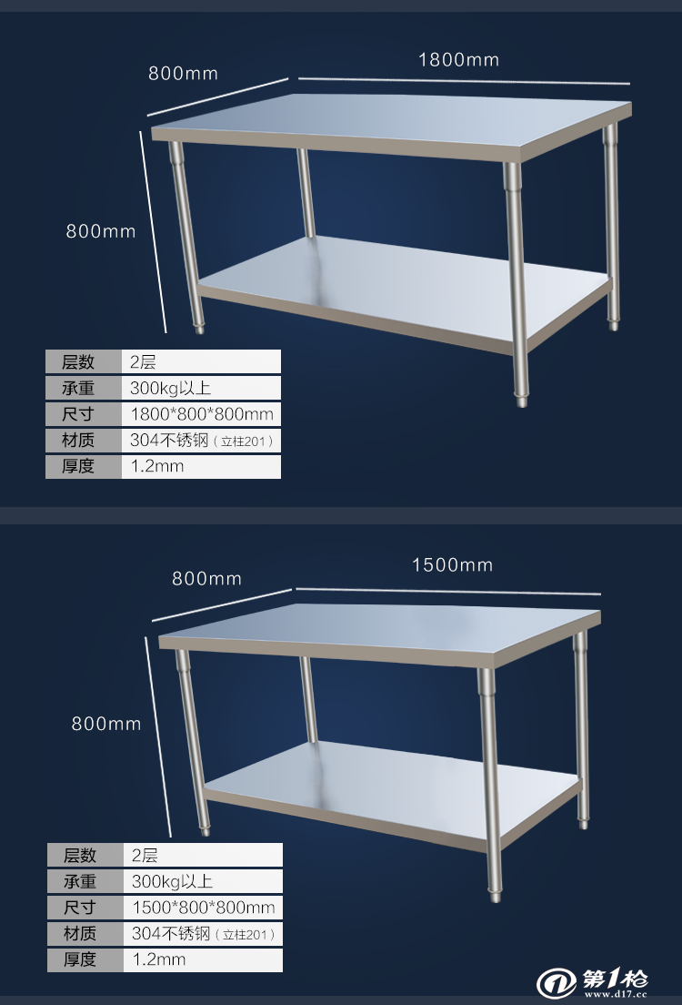旺乡邻304不锈钢置物架双层平面工作台