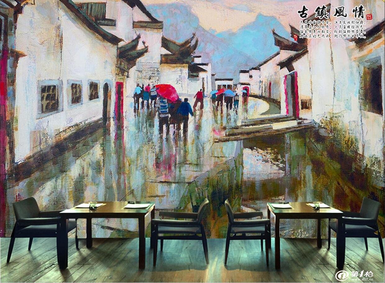 中式水墨办公室徽州风景背景墙 手绘江南建筑中式茶楼无纺布壁画
