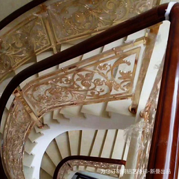 鞍山好看金色铜艺楼梯双面雕花护栏设计 美每步楼梯