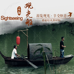 河北邢台乌篷船厂家出售5米影视道具木质船水上观光表演摇橹船